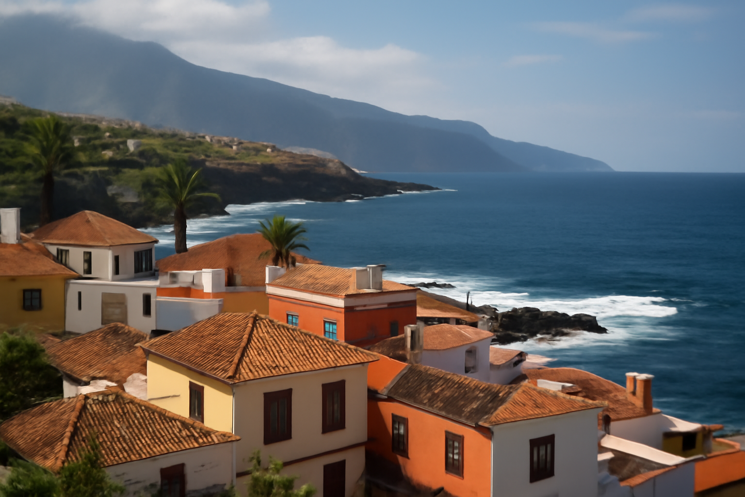 Blick auf die Küste von Teneriffa mit kanarischen Häusern.
