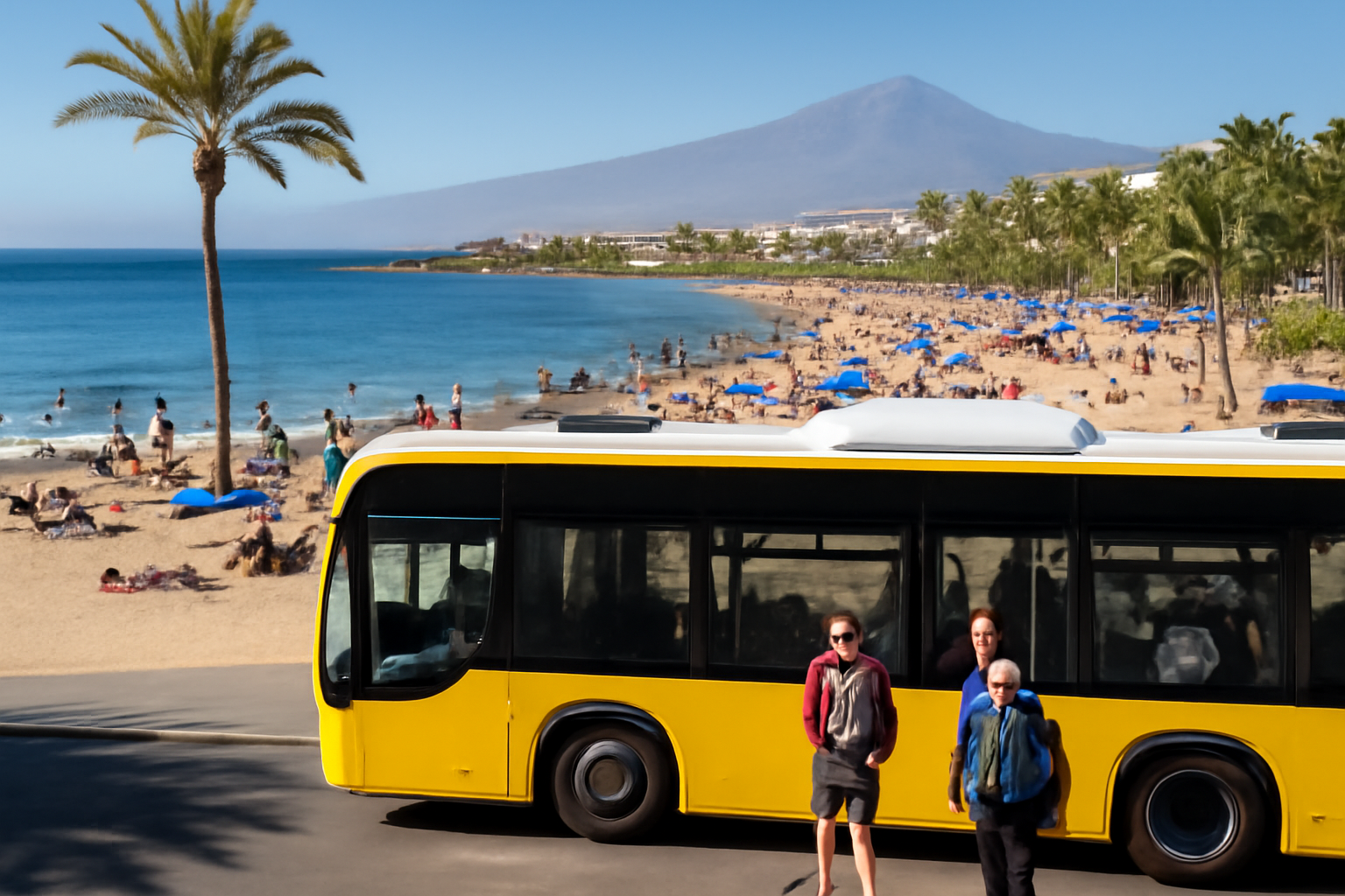 Strand von Teneriffa mit Menschen und öffentlichen Verkehrsmitteln.