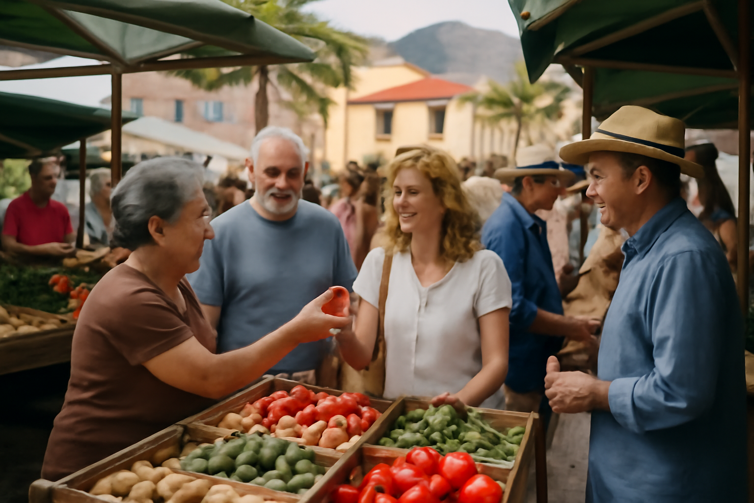 Menschen auf einem Markt in Teneriffa, die lokale Kontakte knüpfen.