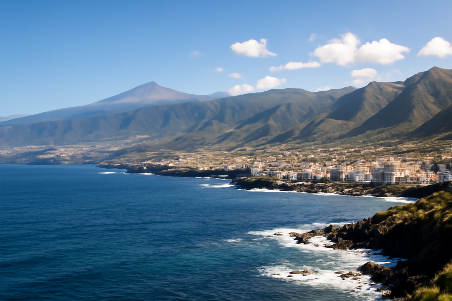 Panoramaaufnahme von Teneriffa mit Küste und Bergen.